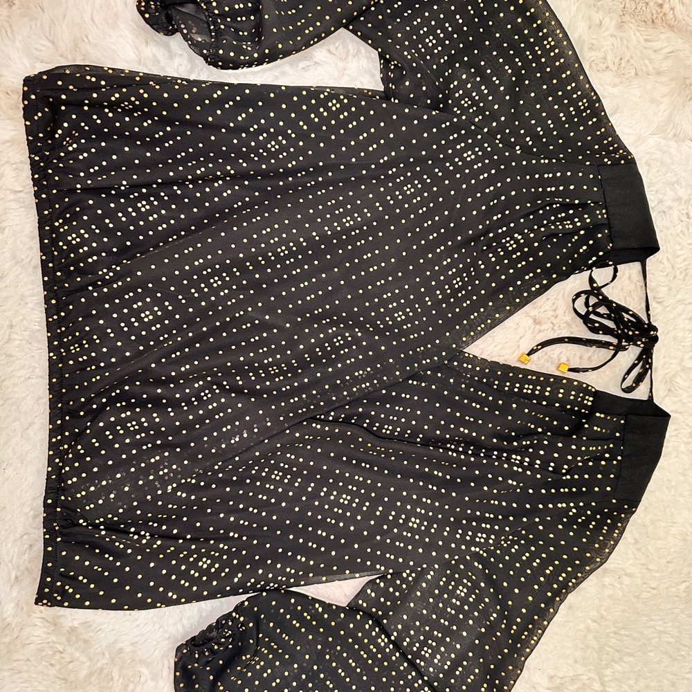 Thalia Sodi Black & Gold Metallic Dot Blouse-SizeM, Sheer Long Sleeve Wrap Style